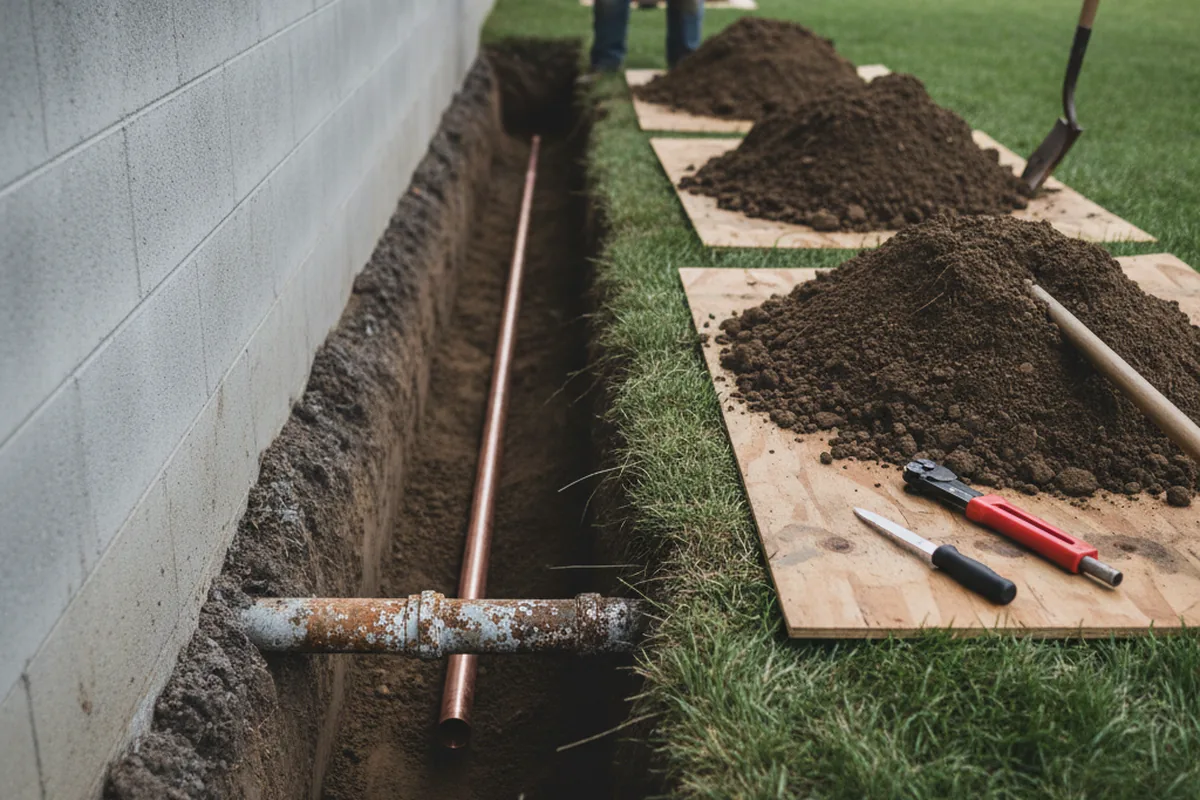 Excavated water line trench during Water Heater Repair in West Newton